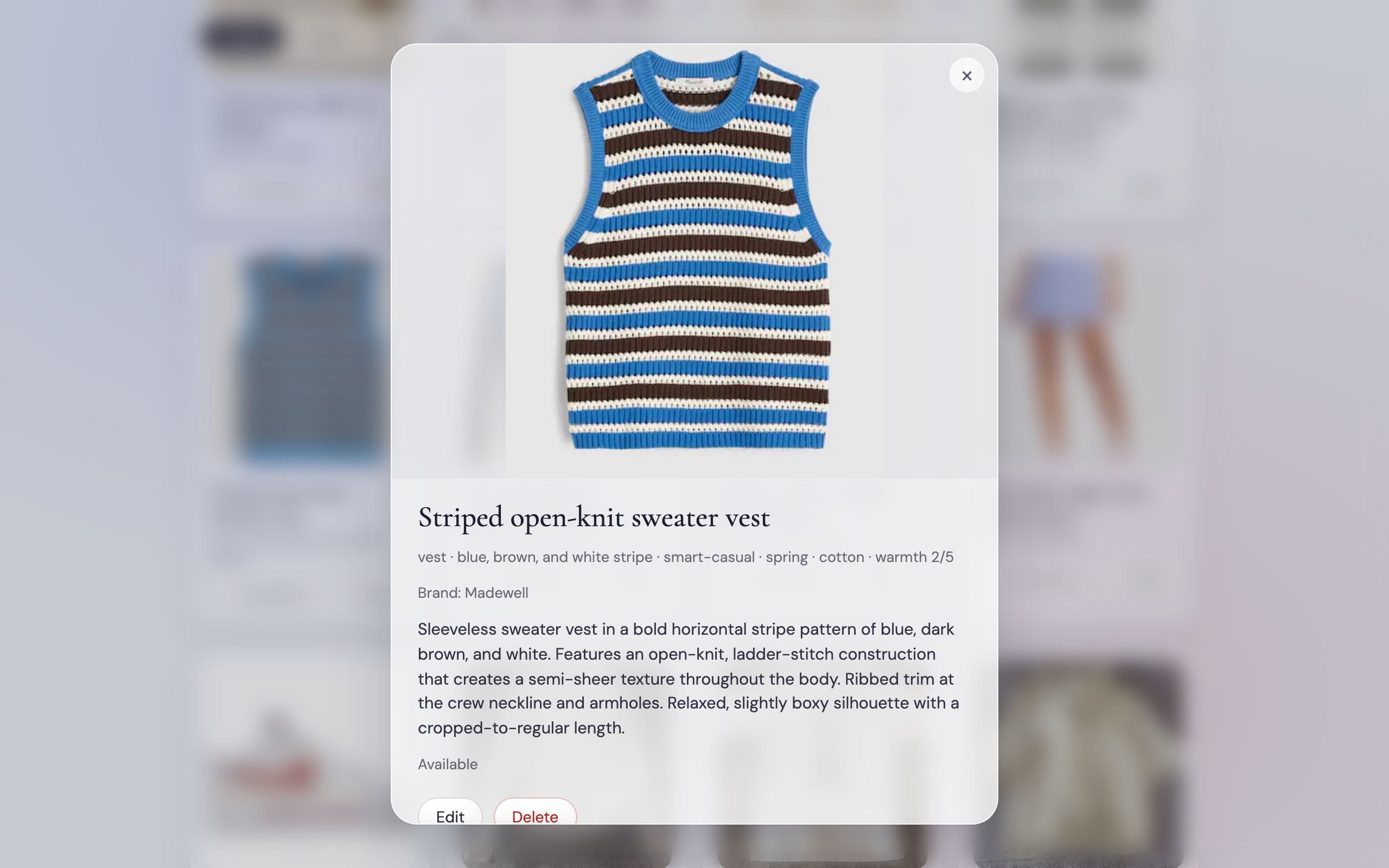 A clothing item's detail view in the catalog: a striped sweater vest photo above its AI-generated tags — vest, blue/brown/white stripe, smart-casual, spring, cotton, warmth 2/5 — plus a written description.