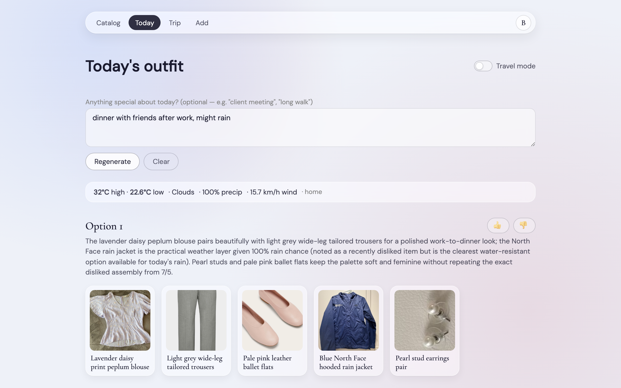 A generated recommendation in the Today's Outfit page: outfit options with reasoning paragraphs and item photo cards, under a weather summary strip.