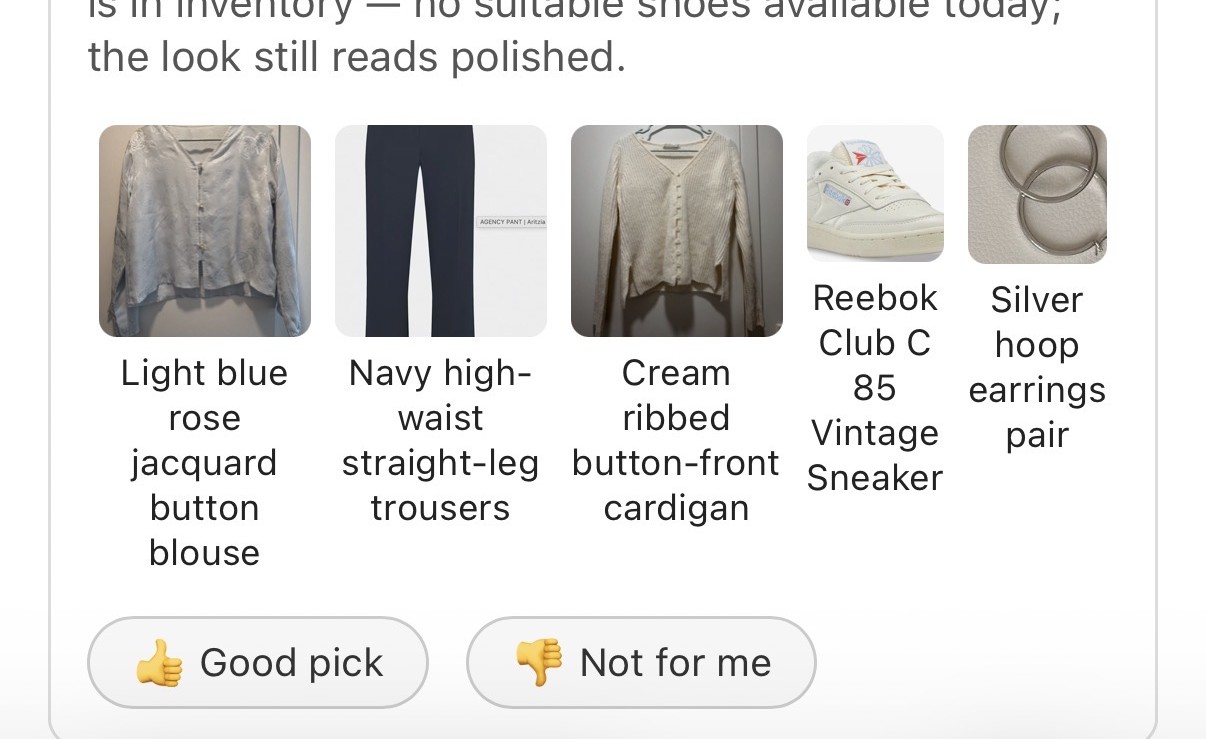 The bottom of the daily email: the outfit's item photos above two tappable buttons, "👍 Good pick" and "👎 Not for me".