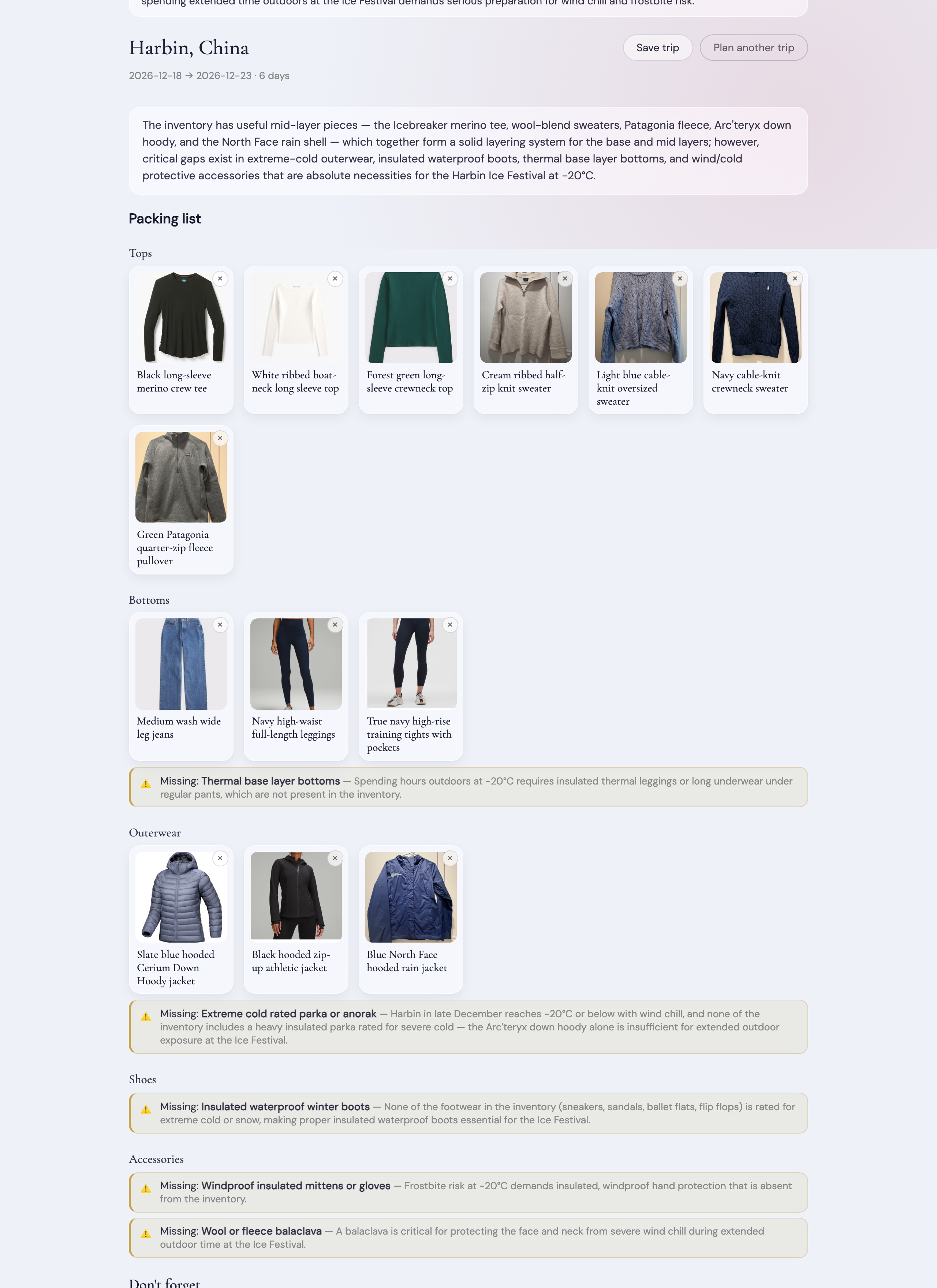 A generated Harbin packing plan: a summary of the layering strategy, the packing list grouped by category (tops, bottoms, outerwear) with photos of owned items, and amber "Missing" banners for the gaps — extreme-cold parka, thermal base layers, insulated boots, mittens, balaclava — each with a one-line rationale.